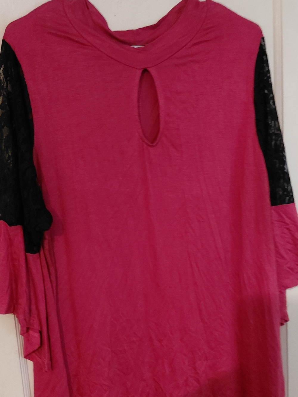 Rouge! Hot Pink Top with Black Lace Sleeves